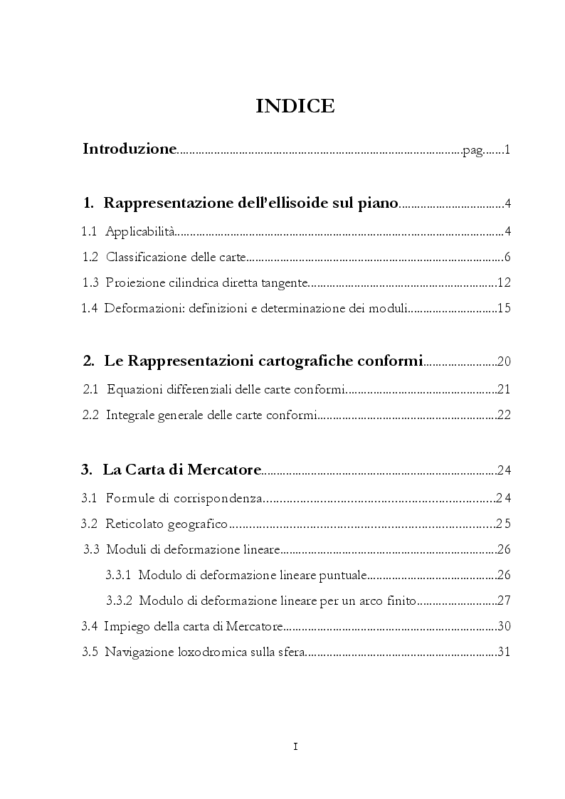 Indice della tesi: Determinazione di Way-Points per l’approssimazione di una lunga Ortodromia con tratti di Loxodromie, Pagina 1