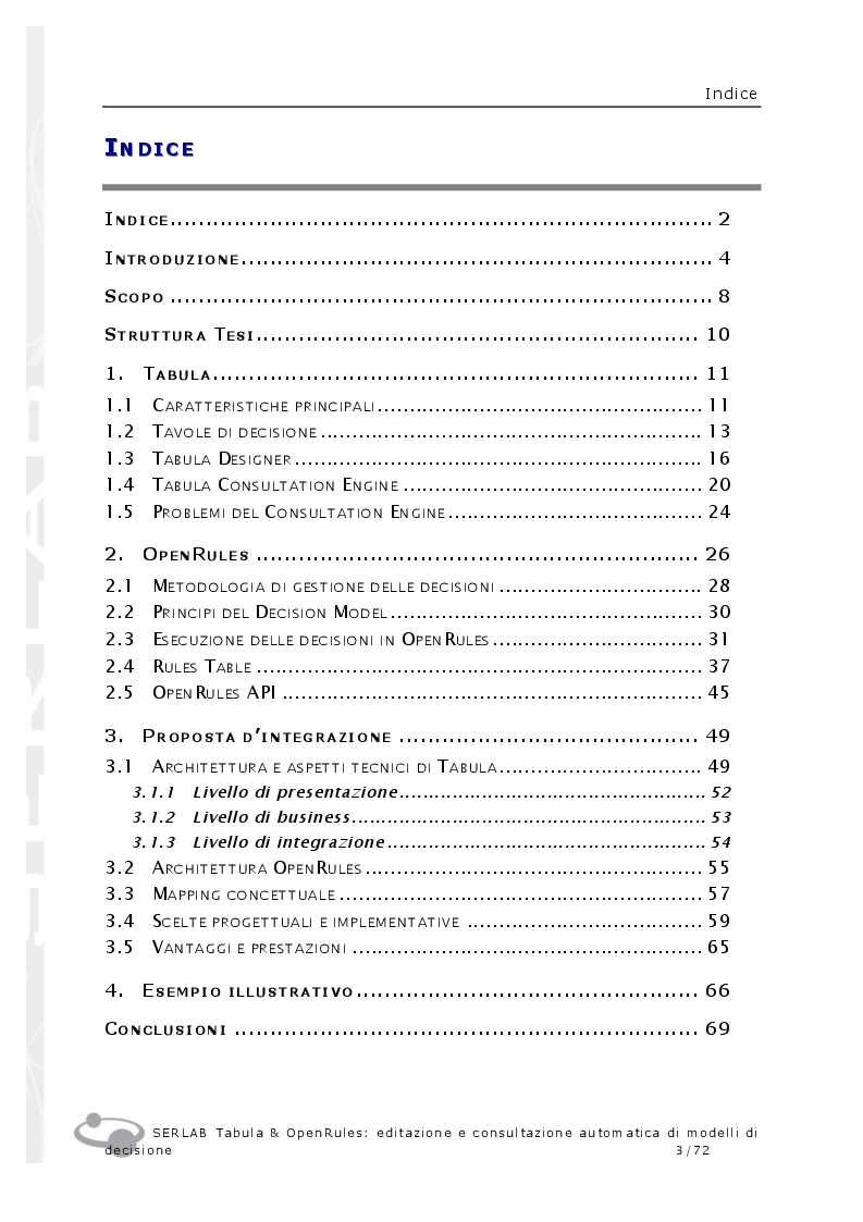Indice della tesi: TABULA & OPENRULES: Editazione e consultazione automatica di modelli di decisione, Pagina 1