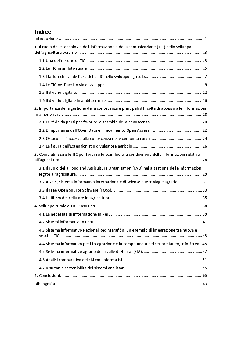 Indice della tesi: Le TIC: uno strumento per facilitare l'accesso e la condivisione di informazioni nello sviluppo dell'agricoltura: Caso del Perù., Pagina 1
