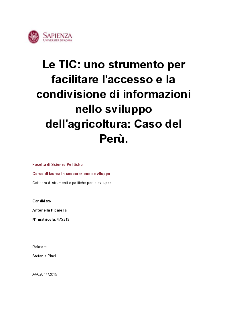 Anteprima della tesi: Le TIC: uno strumento per facilitare l'accesso e la condivisione di informazioni nello sviluppo dell'agricoltura: Caso del Perù., Pagina 1