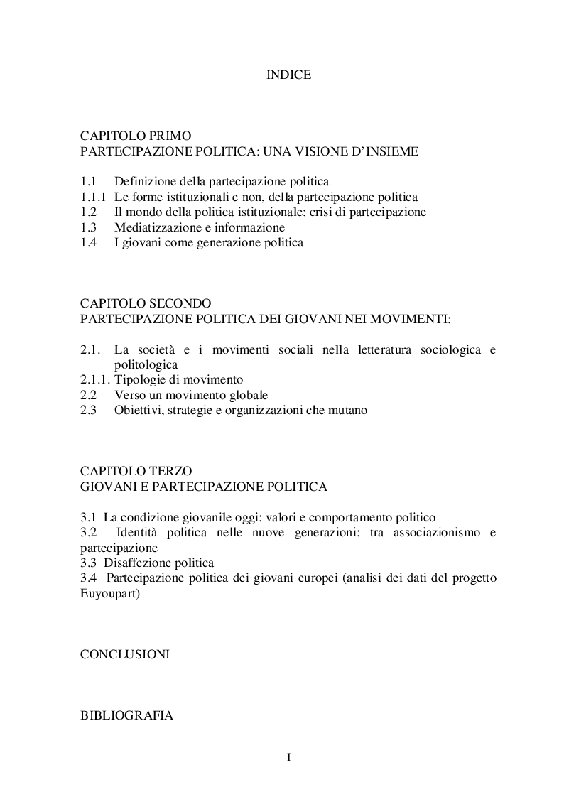 Indice della tesi: GIOVANI E POLITICA: il mutamento delle ''forme'' di Partecipazione, Pagina 1