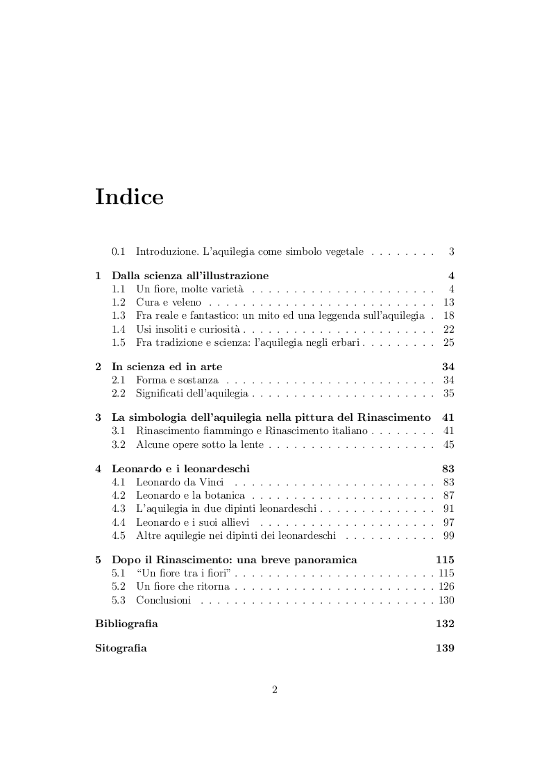 Indice della tesi: "Ci vuole un fiore". L'aquilegia e la sua simbologia nella pittura rinascimentale, Pagina 1