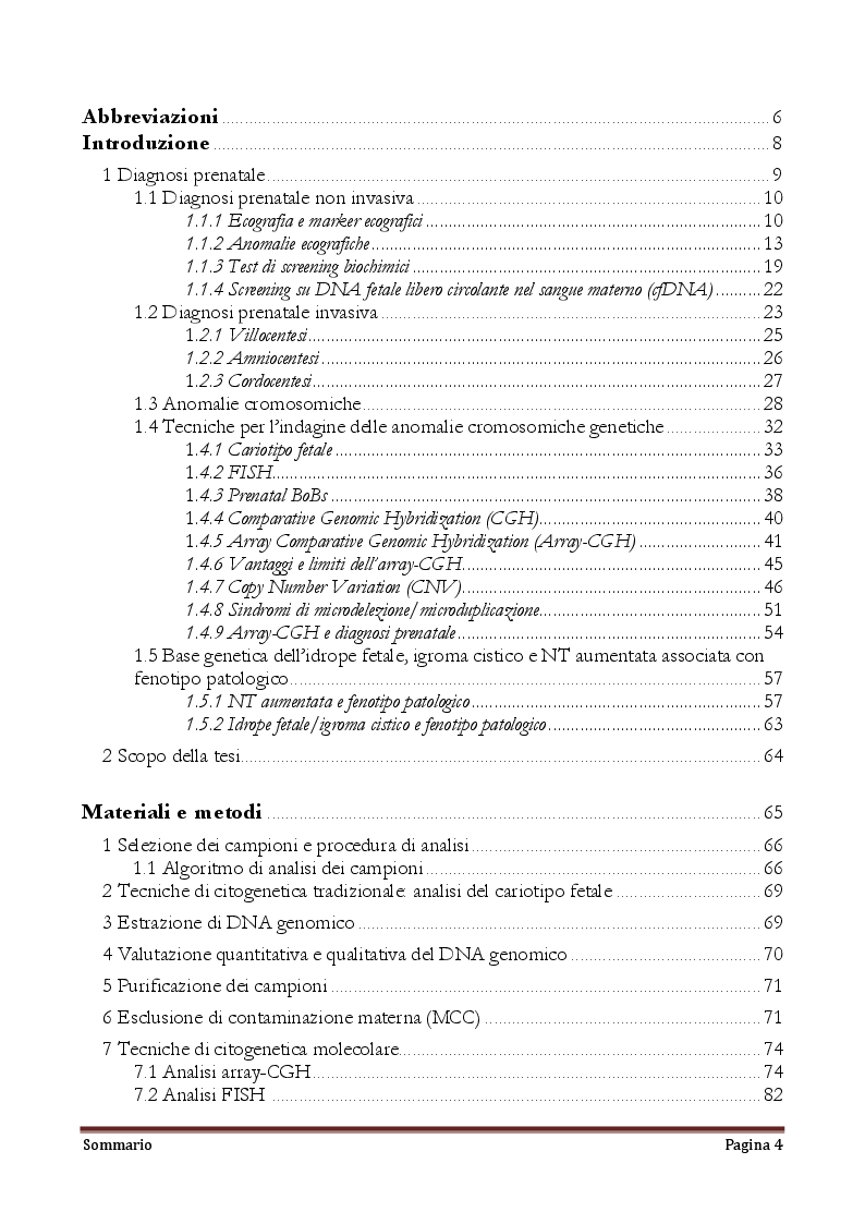 Indice della tesi: Studio delle basi genetiche dell'insorgenza di alterazioni da accumulo di fluidi riscontrate durante lo sviluppo fetale: idrope, igroma cistico e translucenza nucale aumentata, Pagina 1