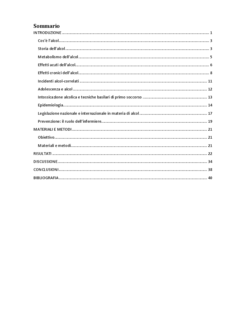 Indice della tesi: Adolescenti e alcol: una revisione sistematica per valutare l'efficacia dei programmi di prevenzione primaria e secondaria, Pagina 1