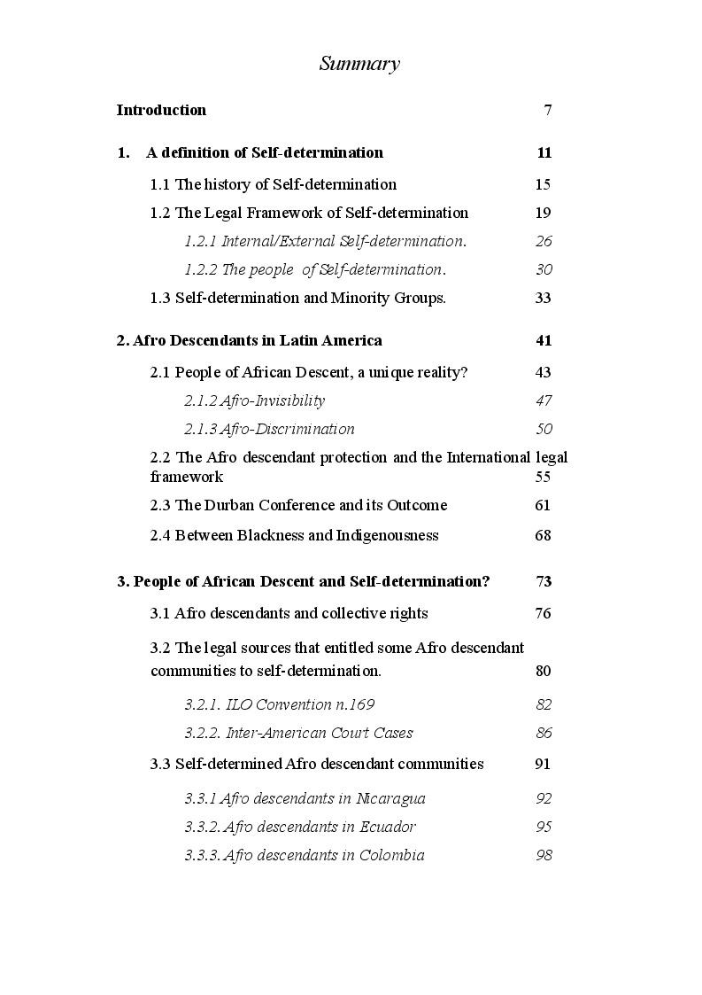 Indice della tesi: The right to Self-determination for people of African descent. The Quilombos case, Pagina 1