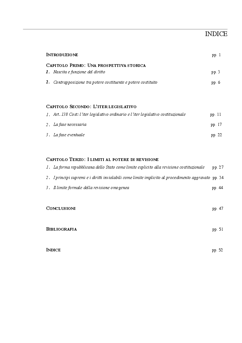 Indice della tesi: La revisione costituzionale. L'iter legis e i suoi limiti., Pagina 1