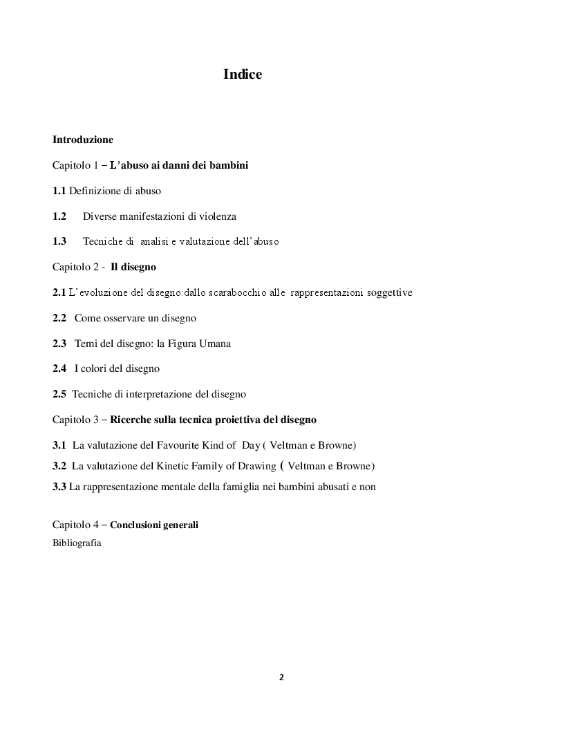 Indice della tesi: Abuso in età evolutiva: tecniche di analisi basate sul disegno, Pagina 1