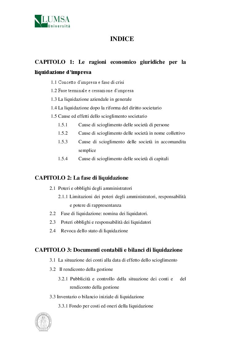 Indice della tesi: La liquidazione d'impresa, Pagina 1