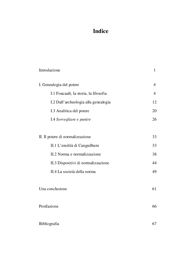Indice della tesi: Il potere di normalizzazione in Michel Foucault, Pagina 1