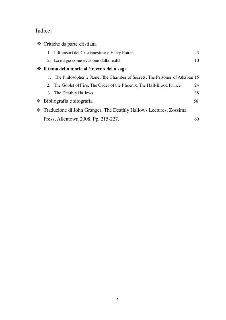 Indice della tesi: La saga di Harry Potter: fabula, trame allegoriche e la rilevanza di The Deathly Hallows, Pagina 1