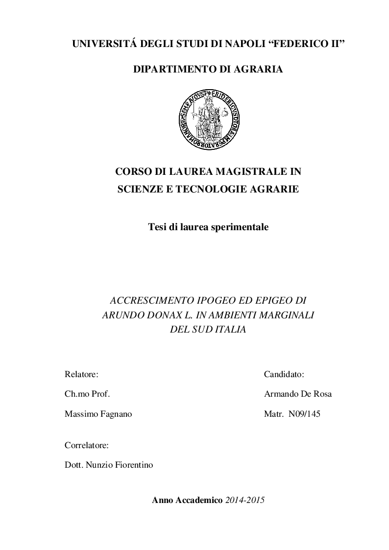 Anteprima della tesi: Accrescimento ipogeo ed epigeo di Arundo donax L. in ambienti marginali del Sud Italia, Pagina 1