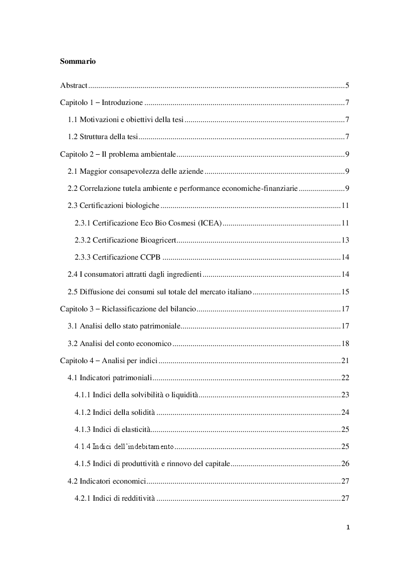 Indice della tesi: Scelta biologica e performance aziendali nel settore cosmetico, Pagina 1