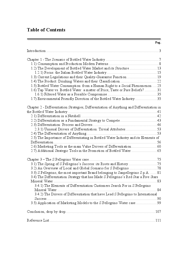 Indice della tesi: The Message in a Bottle of Mineral Water. Differentiation Strategies and Consumption Patterns in the Bottled Water Industry: the S.Pellegrino case, Pagina 1