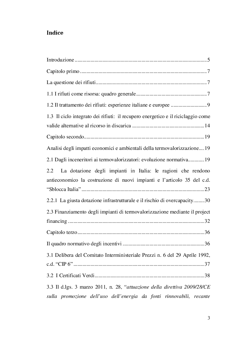 Indice della tesi: Valorizzazione economica dei rifiuti: il recupero energetico dai Termovalorizzatori, Pagina 1