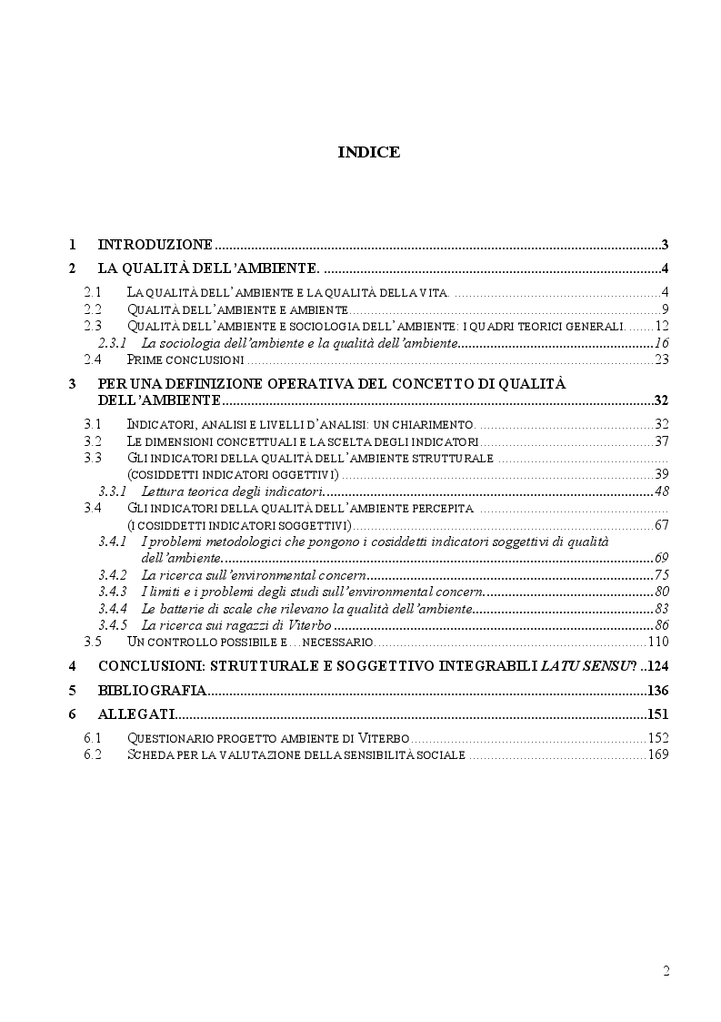 Indice della tesi: Il rapporto tra indicatori soggettivi e strutturali: il caso della qualità dell’ambiente., Pagina 1