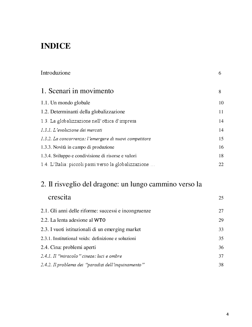 Indice della tesi: Le strategie competitive delle aziende italiane in Cina. Il caso Pedon, Pagina 1