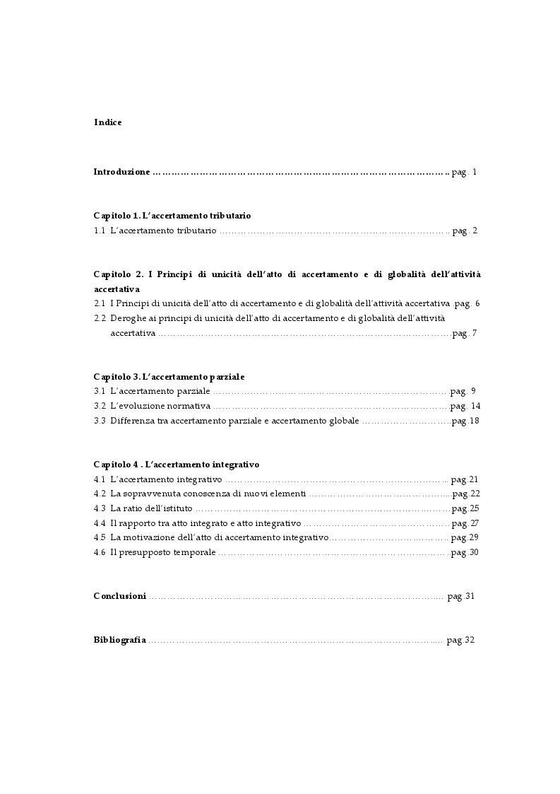 Indice della tesi: L'accertamento parziale e integrativo nell'imposta sui redditi e nell'IVA, Pagina 1