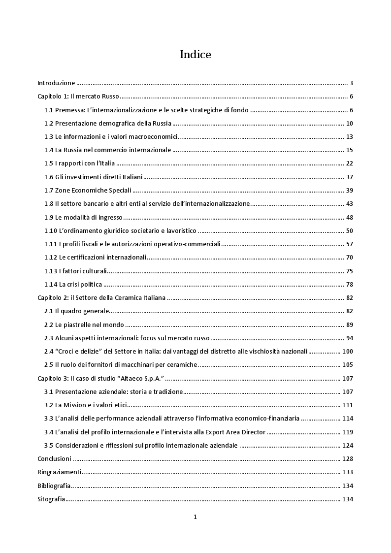 Indice della tesi: Il mercato russo per l’internazionalizzazione delle imprese italiane. La ceramica made in Italy e il caso Altaeco., Pagina 1