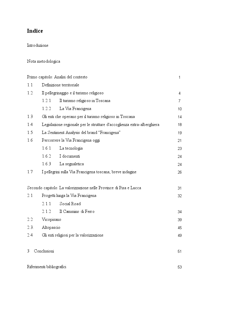 Indice della tesi: La Via Francigena tra le Province di Pisa e Lucca. Valorizzazione per il turismo religioso., Pagina 1