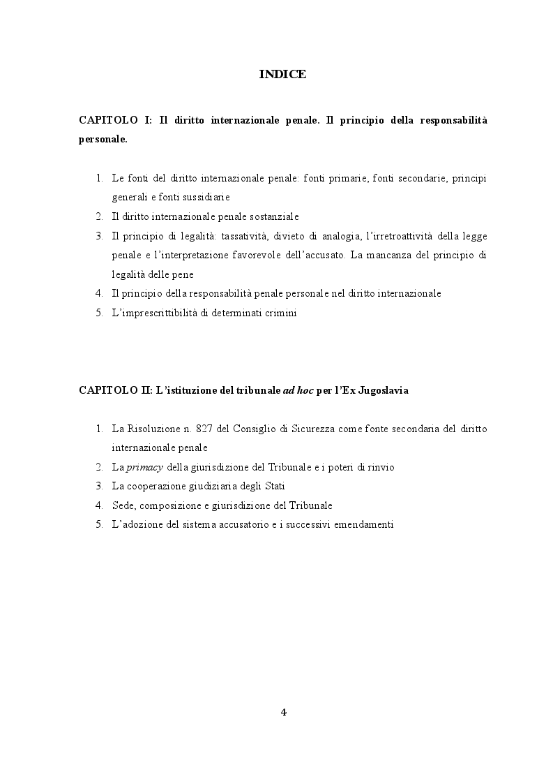 Indice della tesi: Le garanzie processuali dell'imputato nella prassi del Tribunale Penale Internazionale per la Ex Jugoslavia, Pagina 1