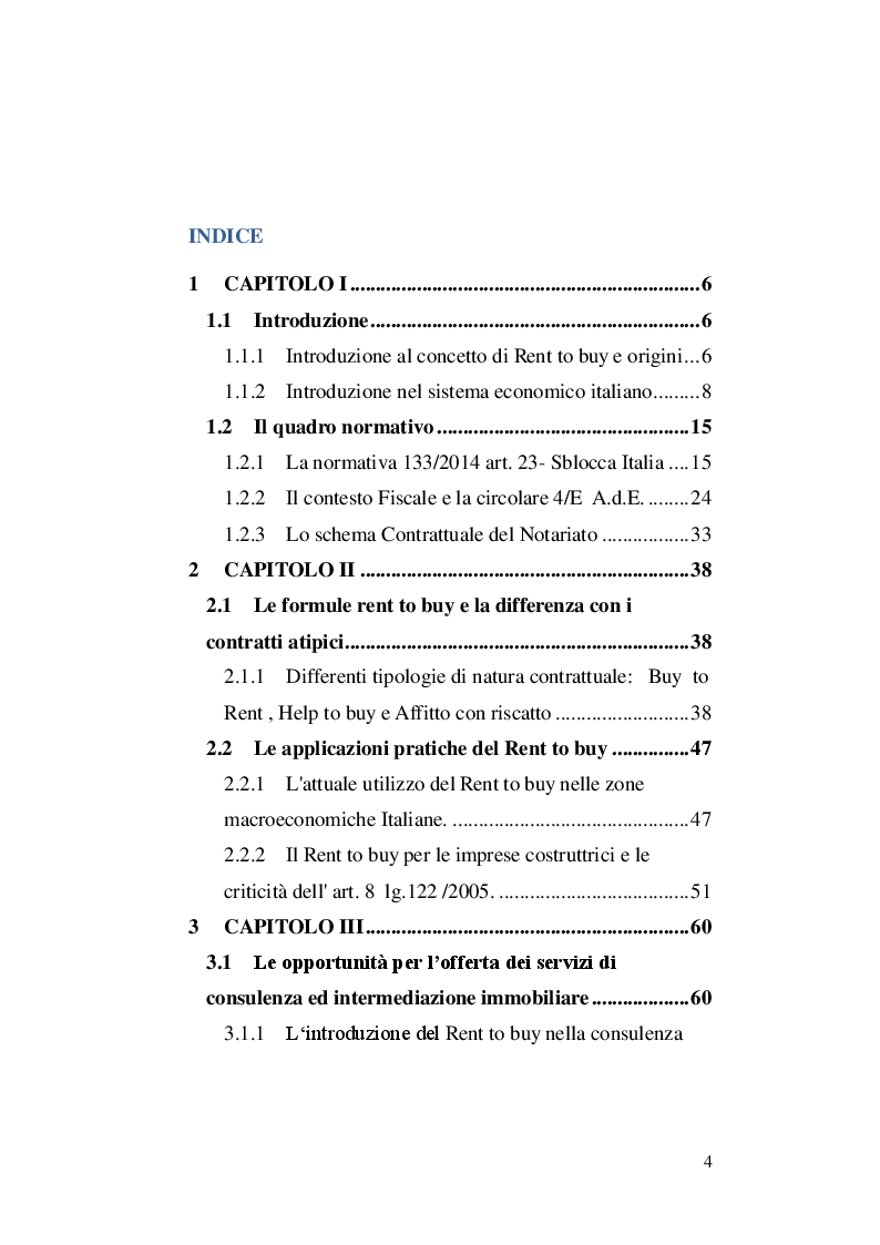 Indice della tesi: Il Rent to buy immobiliare, Pagina 1