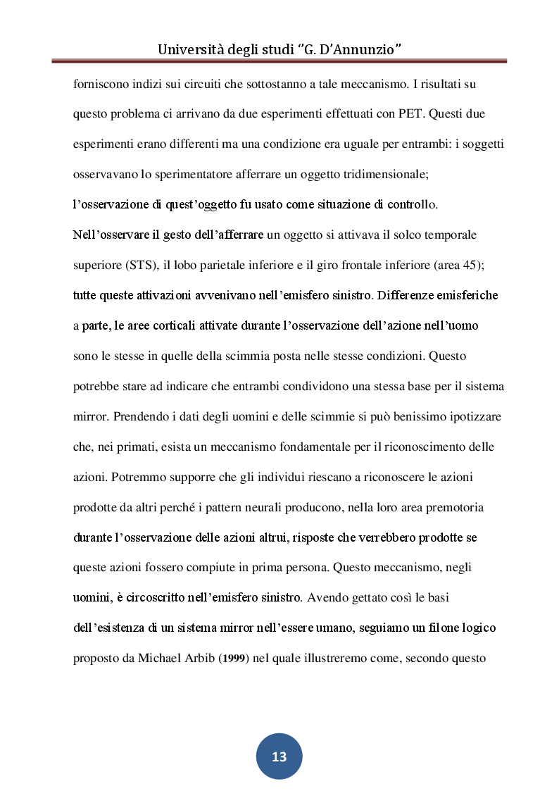 Estratto dalla tesi: Sistema Mirror e Sviluppo del Linguaggio