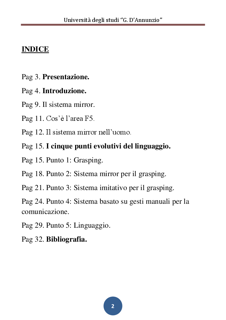 Indice della tesi: Sistema Mirror e Sviluppo del Linguaggio, Pagina 1