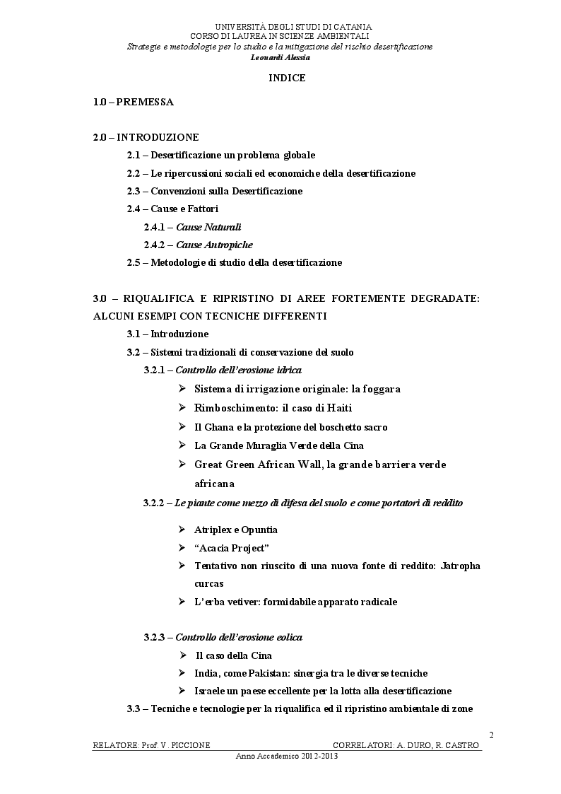 Indice della tesi: Strategie e metodologie per lo studio e la mitigazione del rischio desertificazione, Pagina 1