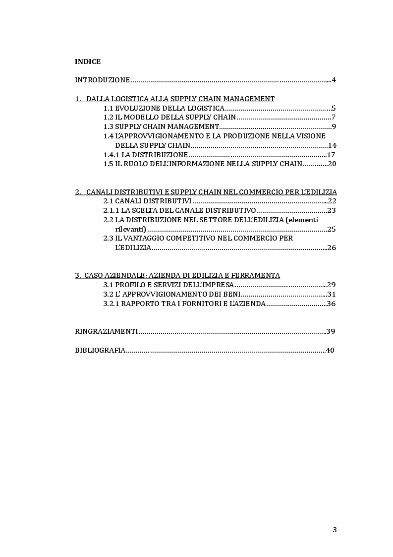 Indice della tesi: La supply chain nel commercio per l'edilizia, il caso di un'impresa del settore, Pagina 1
