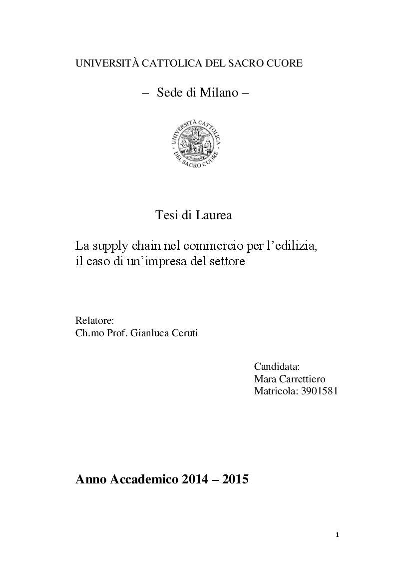 Anteprima della tesi: La supply chain nel commercio per l'edilizia, il caso di un'impresa del settore, Pagina 1