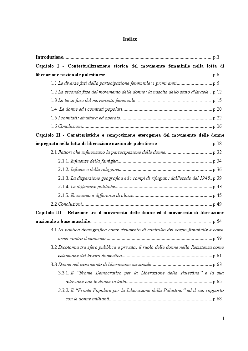 Indice della tesi: Donne in Palestina: l'attivismo sociale e politico dalla metà del Novecento alla prima Intifada, Pagina 1