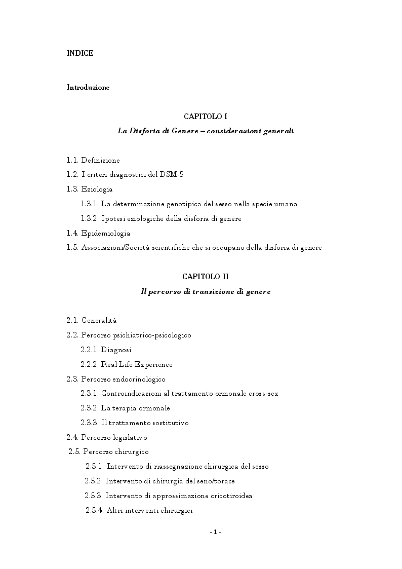 Indice della tesi: Effetti della terapia con steroidi sessuali in soggetti con disforia di genere, Pagina 1