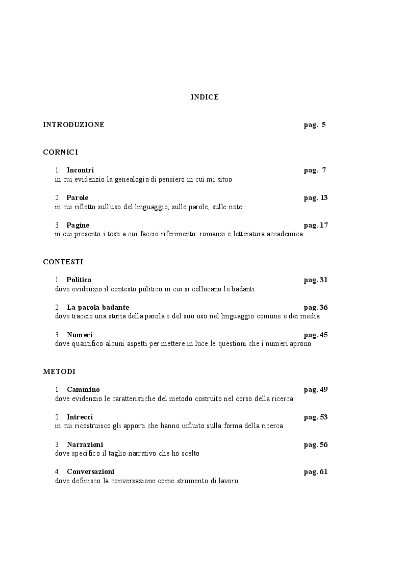 Indice della tesi: Badanti straniere e donne anziane nel gruppo domestico: immagini e trasformazioni delle relazioni di cura ISBN 9788887096118., Pagina 1