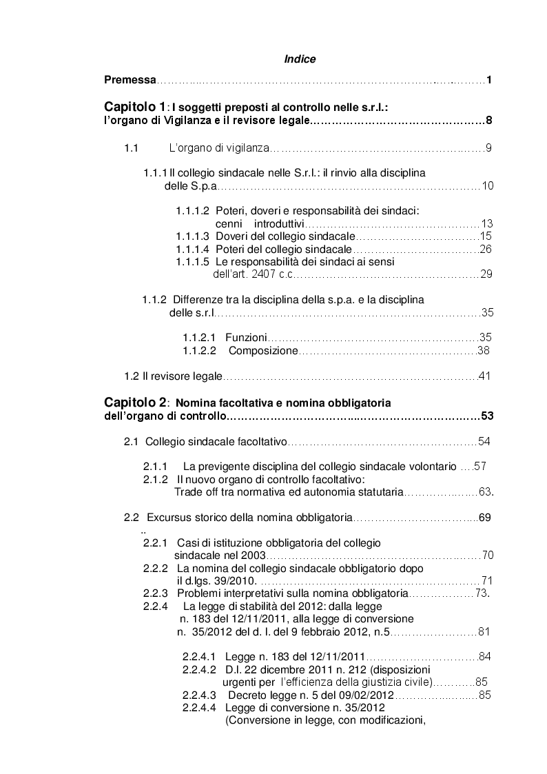 Indice della tesi: L'organo di controllo nelle s.r.l., Pagina 1