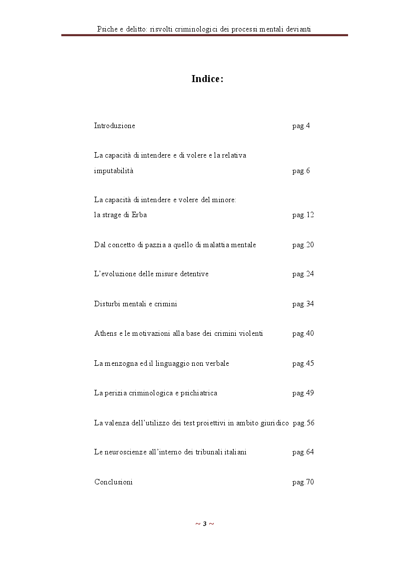Indice della tesi: Psiche e delitto: Risvolti criminologici dei processi mentali devianti, Pagina 1
