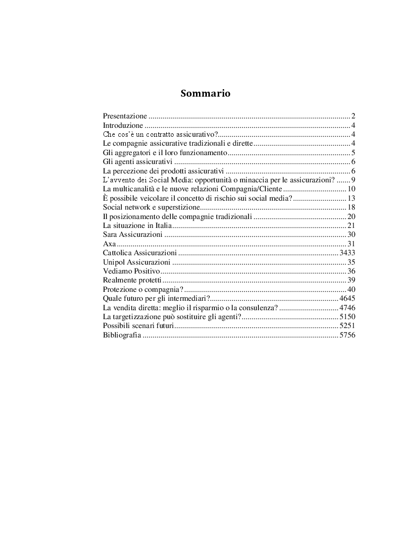 Indice della tesi: Le compagnie assicurative tradizionali e i social media. Quale futuro per gli intermediari?, Pagina 1