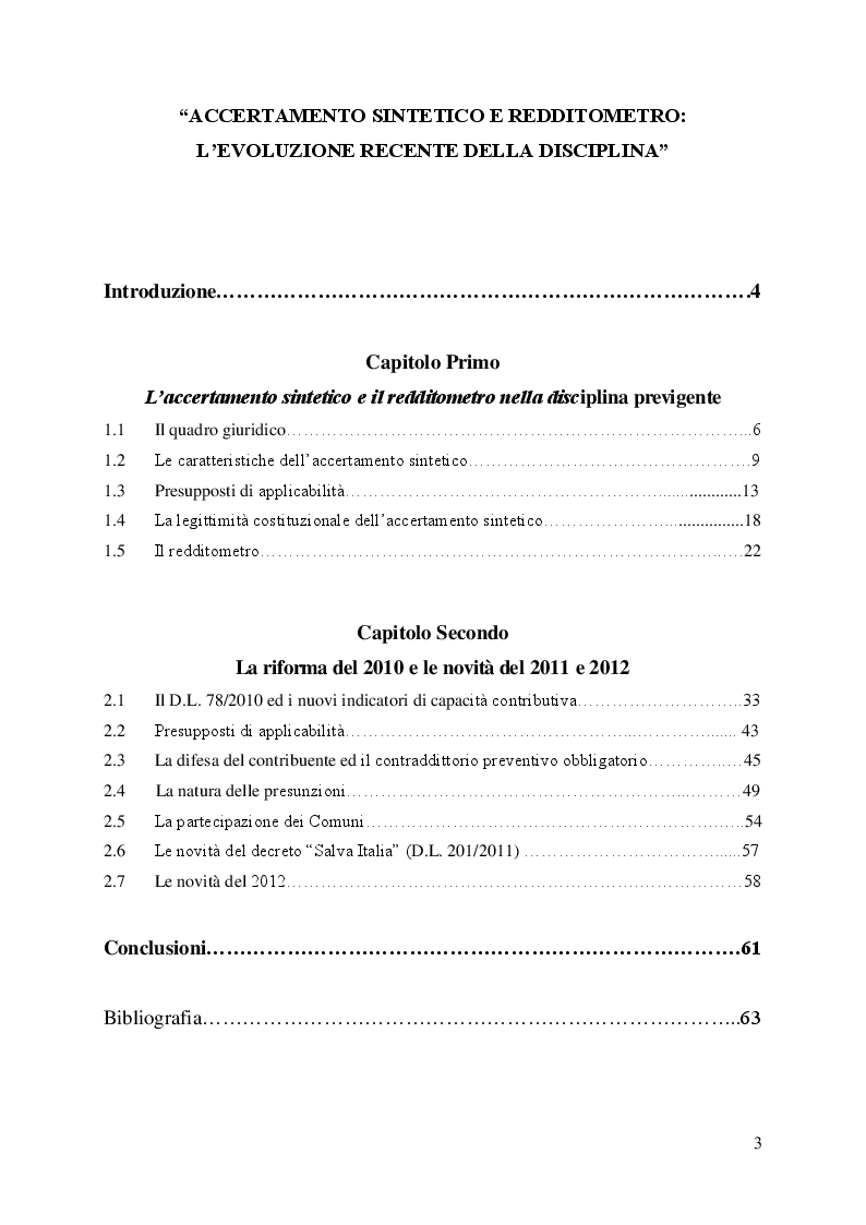 Indice della tesi: Accertamento sintetico e redditometro: l'evoluzione recente della disciplina., Pagina 1
