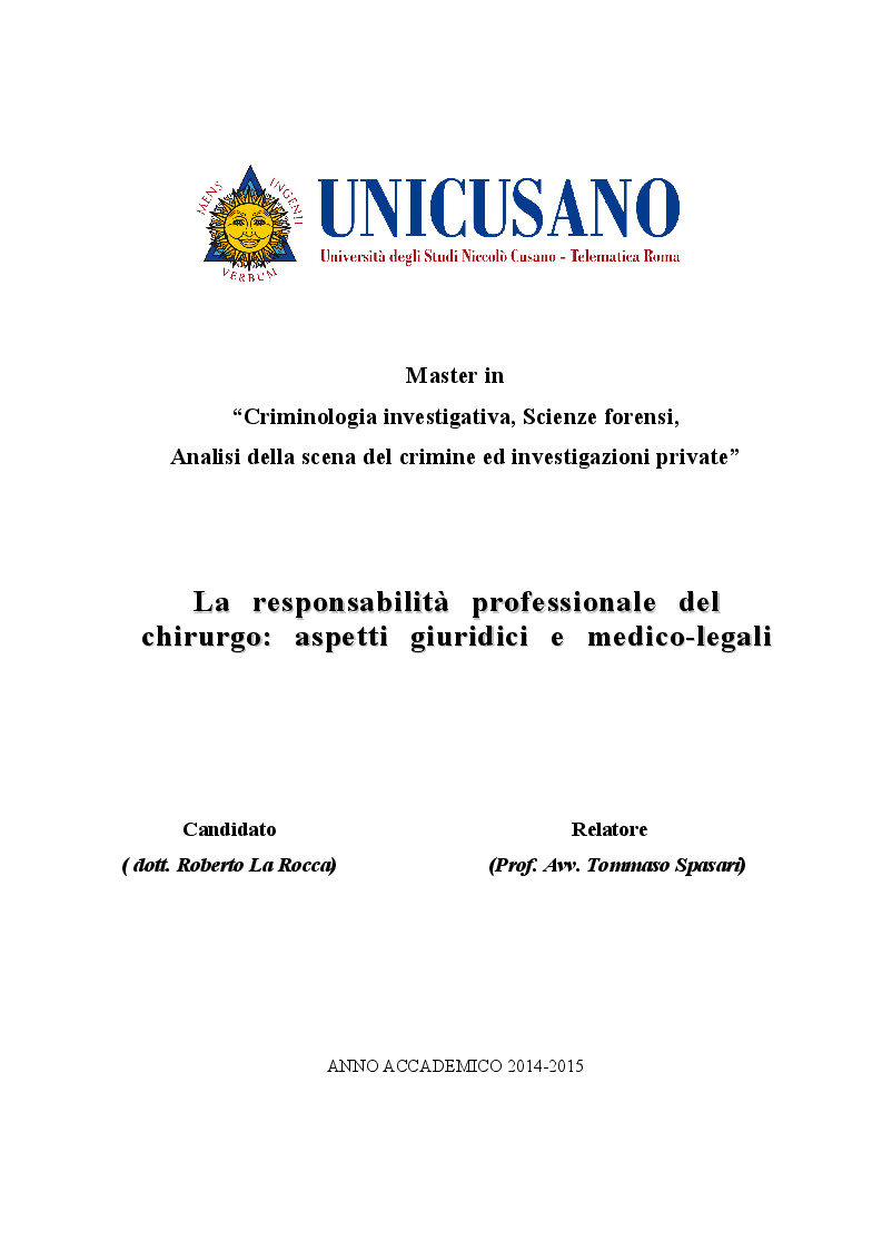 Anteprima della tesi: La responsabilità professionale del chirurgo: aspetti giuridici e medico-legali, Pagina 1