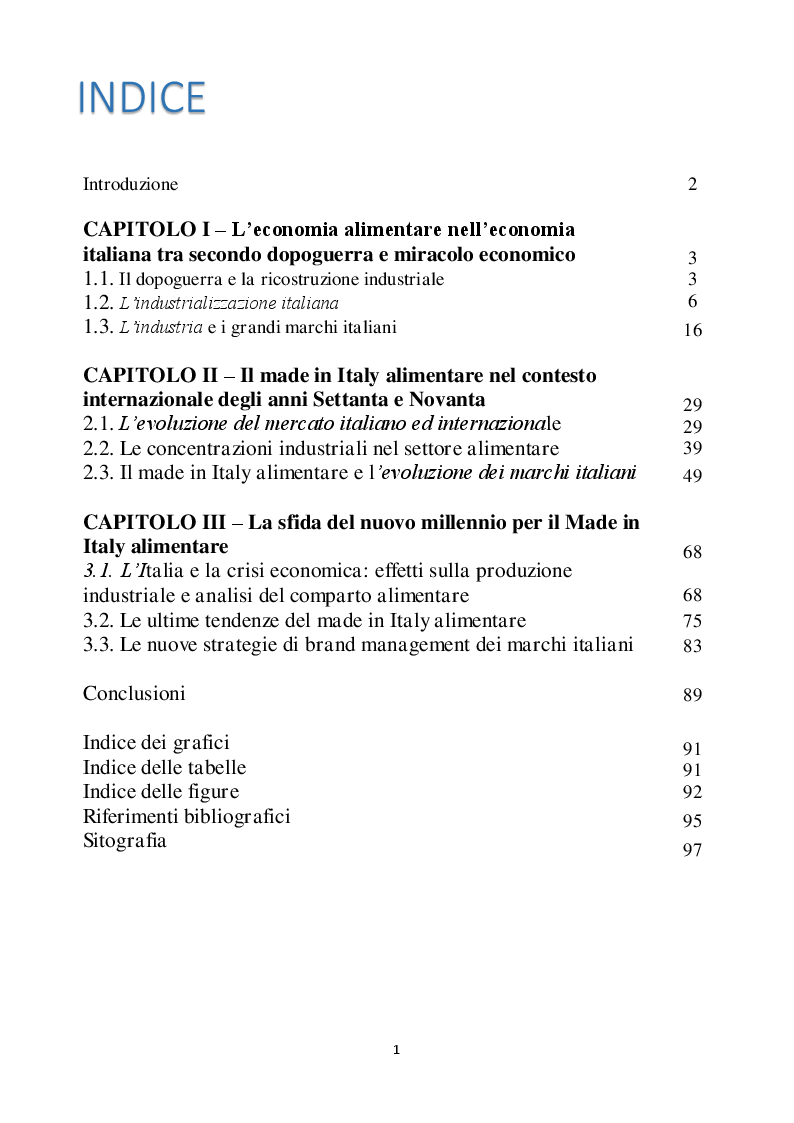 Indice della tesi: L'evoluzione del marchio nel comparto alimentare italiano, Pagina 1