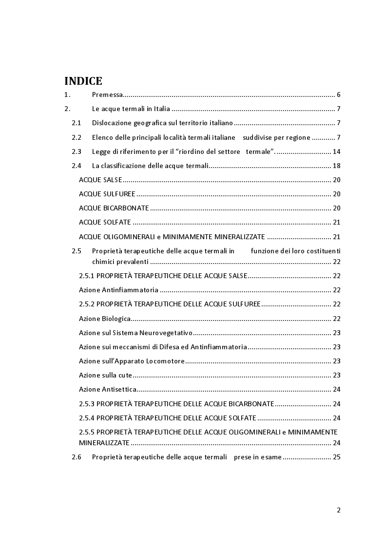 Indice della tesi: Acque termali e acque minerali in Italia, Pagina 1