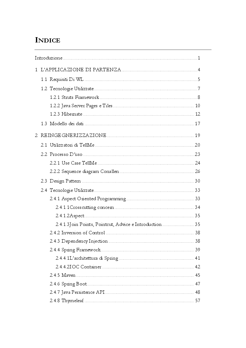 Indice della tesi: Aggiornamento della piattaforma tecnologica di un'applicazione J2EE, Pagina 1
