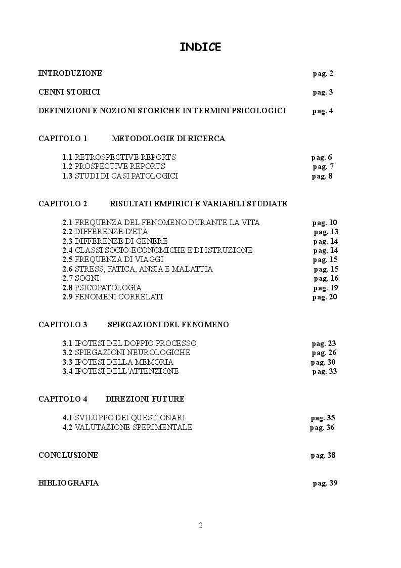 Indice della tesi: Il déjà vu: una rassegna del fenomeno, Pagina 1