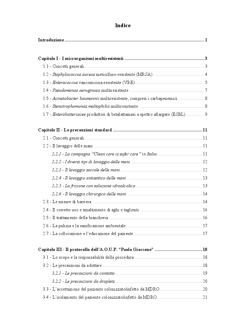 Indice della tesi: Il ruolo dell'infermiere nella gestione delle infezioni da germi multiresistenti, Pagina 1