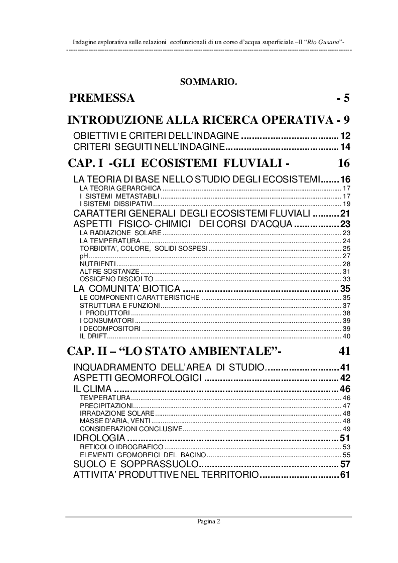 Indice della tesi: Indagine esplorativa sulle relazioni ecofunzionali di un corso d'acqua superficiale - il Rio Gusana, Pagina 1