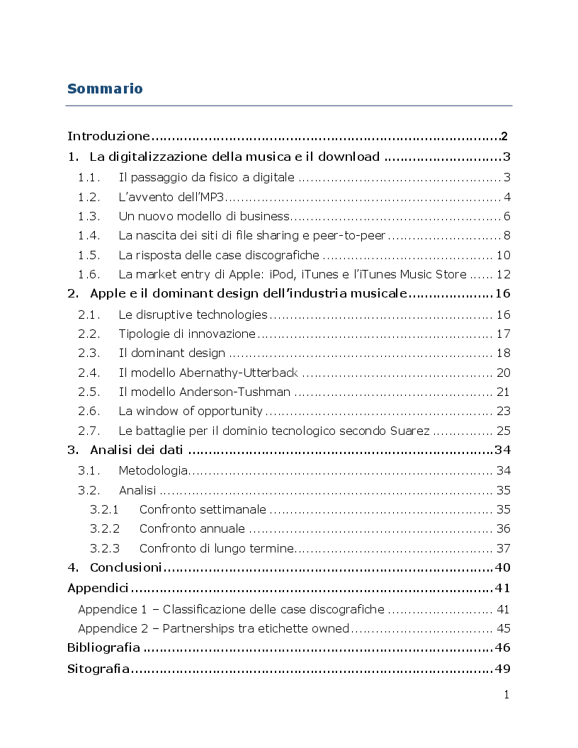 Indice della tesi: L'Evoluzione del Dominant Design nel Mondo della Musica, Pagina 1