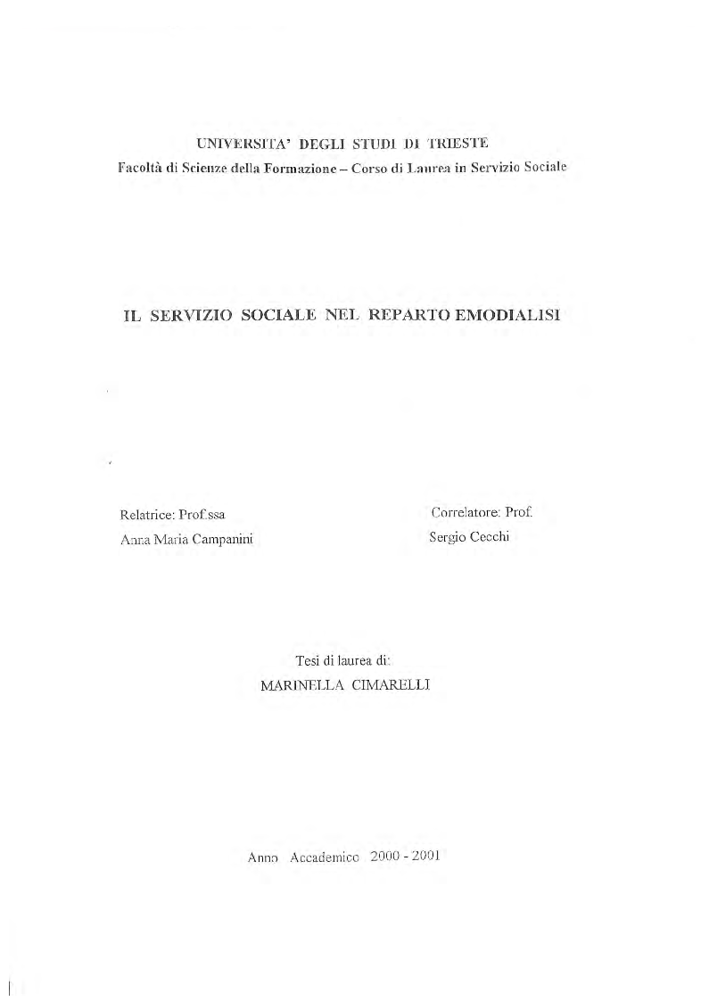Anteprima della tesi: Il Servizio Sociale nel Reparto Emodialisi, Pagina 1
