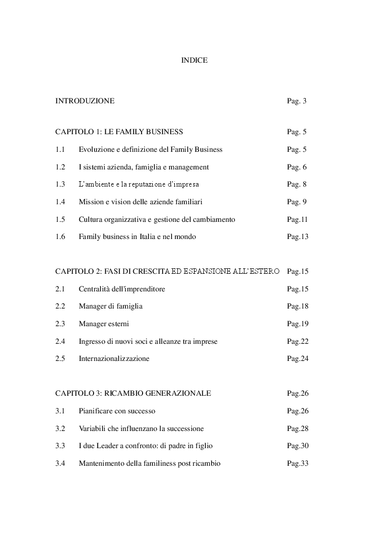 Indice della tesi: Le imprese familiari internazionali: i casi Ferrero SpA e Camardo SpA, Pagina 1