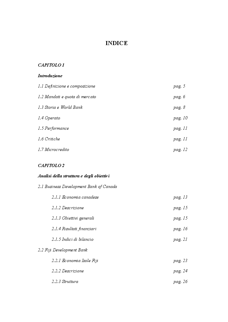 Indice della tesi: Le banche di Sviluppo: analisi del fenomeno e case studies, Pagina 1