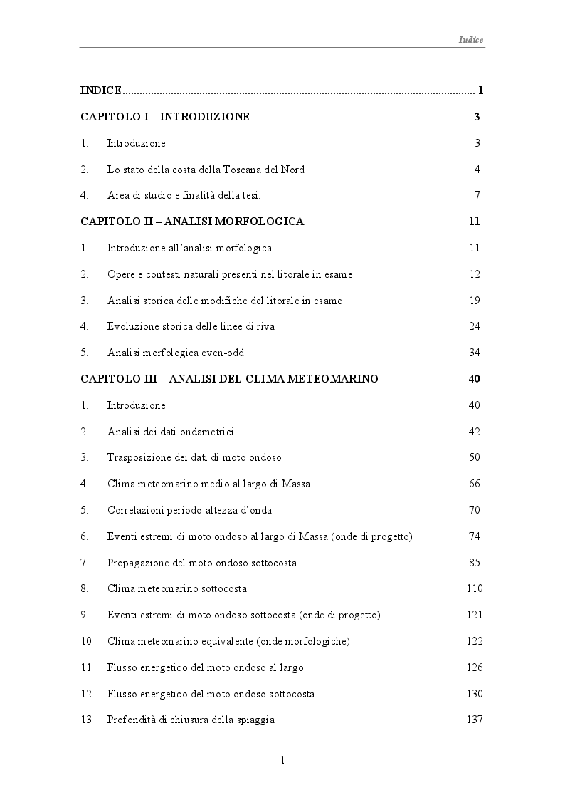 Indice della tesi: Modellazione idro-morfodinamica del litorale di Marina di Massa-Carrara, Pagina 1