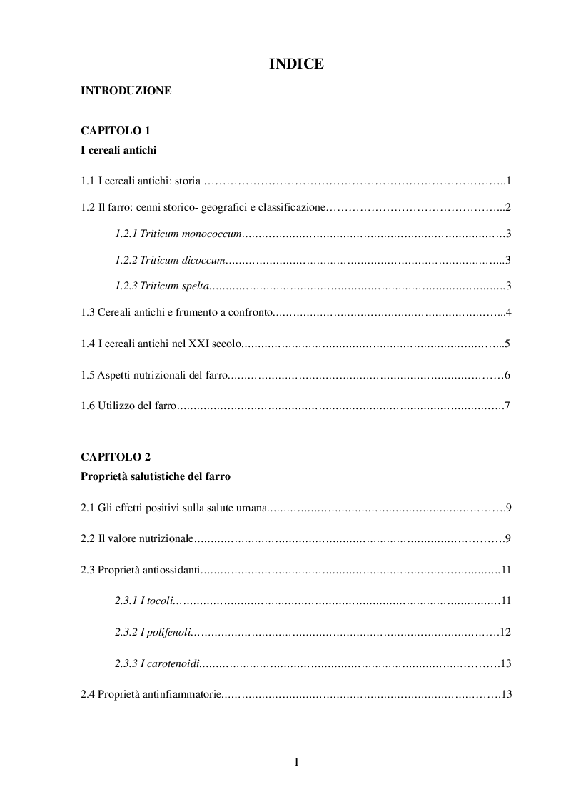 Indice della tesi: Influenza della tipologia di cereale e di fermentazione sulle possibili proprietà salutistiche del pane, Pagina 1